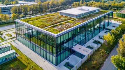 Fototapeta na wymiar Eco-friendly building in modern factory and industrial zone, drone photography, Ai generated for ads
