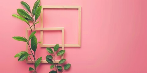 Stylish minimal composition with photo frame and green leaves on a pink pastel background.