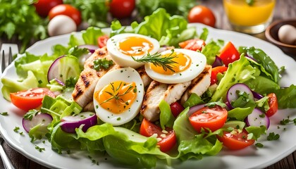 Fresh vegetable salad with chicken breast and eggs.
