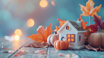 Autumnal Background Toy house and pumpkin on wooden background Thanksgiving banner copy space Hygge mood change of seasons concept Hello Autumn with family Halloween party : Generative AI