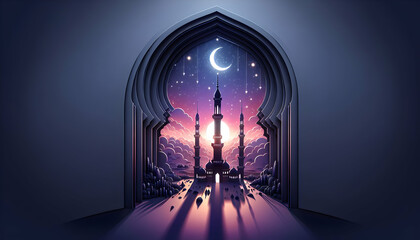 3D Poster: Minaret Silhouette Against Twilight Sky - Islamic New Year Greeting Card