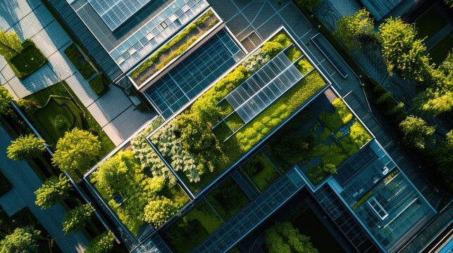 Eco-friendly building in modern factory and industrial zone, drone photography, Ai generated for ads