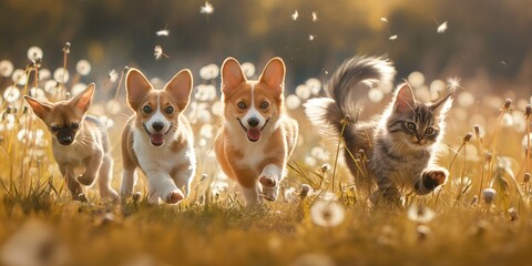Heartwarming scene of two Corgis and a fluffy kitten joyously running through a field, the golden hour sunshine enhancing the magical moment