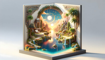 3D Oasis of Peace: Tranquil Scene for Islamic New Year Greeting Card