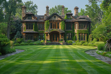 Fototapeta na wymiar An ultra realistic photo of the exterior front view of an old world style mansion with stone and large windows, large circular driveway surrounded by hedges. Created with Ai