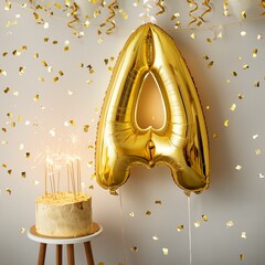 Birthday Cake And Name Initial Letter A Gold helium birthday balloon Inside a Party Room filled with Confetti