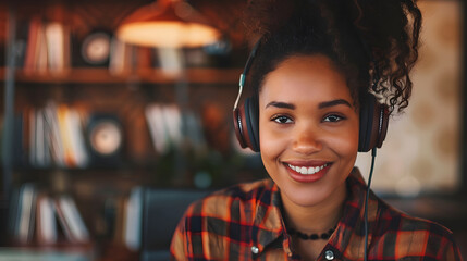 Smiling African woman wearing headphones. Female podcaster make audio podcast from home studio.