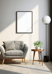 Empty vertical frame for wall art mockup. Modern living room with grey chair and table.
