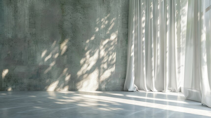 An abstract and refined backdrop for product display featuring a light grey background, with the delicate interplay of light and shadow from window curtains casting a soft and artistic effect 