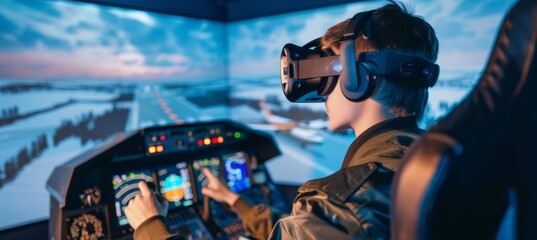 Aviation school  man in vr glasses takes exam in flight simulator, controlling virtual aircraft.