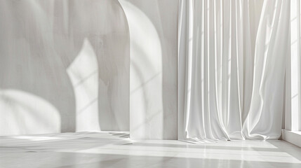 An abstract and refined backdrop for product display featuring a light grey background, with the delicate interplay of light and shadow from window 