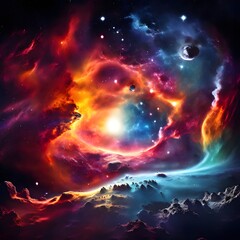 view from space to a spiral galaxy and stars. space background illustration, color clashing with design ai generated.