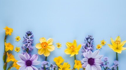 Flowers composition Yellow and purple flowers on pastel blue background Spring easter concept Flat...