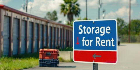 A "Storage Units for Rent" sign with images of secure storage facilities. 