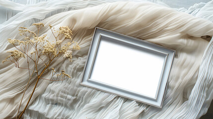 Vertical frame for wall art mockup. Beige fabric on the background and boho decor.