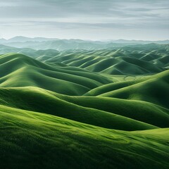 Vibrant green rolling hills bathed in soft, golden sunlight, creating a peaceful and serene landscape.