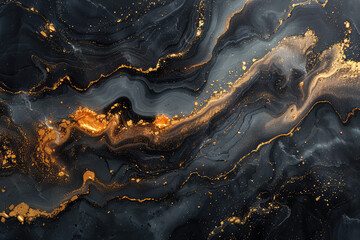 Abstract swirls of dark blue and gold, resembling swirling oil water with fluid patterns and delicate splashes. Created with Ai - obrazy, fototapety, plakaty