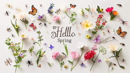 An artistic composition featuring a "Hello Spring" message elegantly adorned with a variety of flowers, graceful butterflies, and buzzing bees, arranged in a flat lay design on a white 