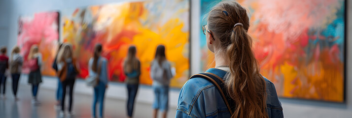 Art Class Observing Colorful Abstract Painting ,
Motion blur of a young woman passing through an art gallery with modern paintings on the walls
