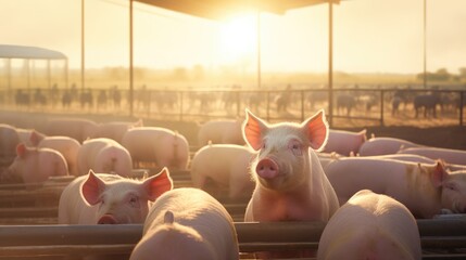 Rural Serenity: Pigs Grazing in Farm Pastures - obrazy, fototapety, plakaty
