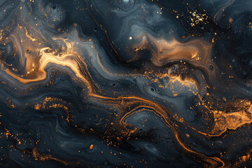A dark blue and gold marble pattern with swirls of black, dark grey, white, light brown, and beige colors. Created with Ai