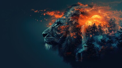 Abstract background of Lion face with nature, A Lion as Earth, Generative AI - obrazy, fototapety, plakaty