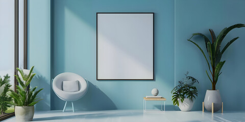 Blank vertical poster frame mock up. Blue room with white chair and tropical leaves.