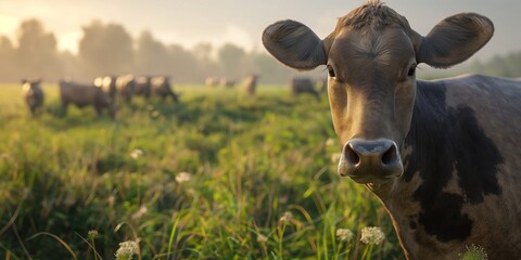 A gentle brown cow with inquisitive eyes standing amidst a herd in a serene, foggy meadow at dawn - obrazy, fototapety, plakaty