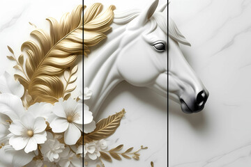 Home panel wall art three panels, marble with gold horse white flowers and leaves and feather silhouette
