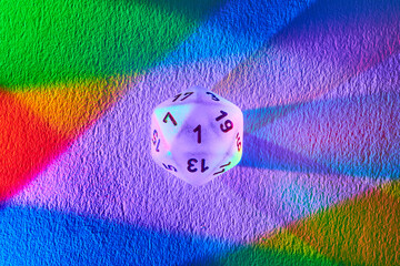 Colorful Victory Roll: D20 Dice on Rainbow Background