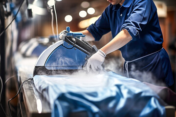 Man in gloves using professional dry cleaner steam presses a white shirt, ensuring a crisp appearance and removing bacteria. Concept of meticulous garment care and hygiene in fabric maintenance