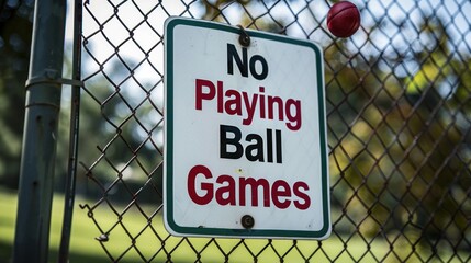 A "No Playing Ball Games" sign in a designated area. 