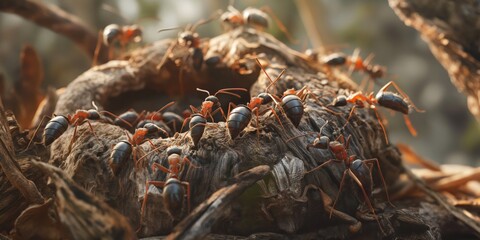 Macro shot of ants busily traversing the rugged terrain of their wooden environment showcasing teamwork and determination