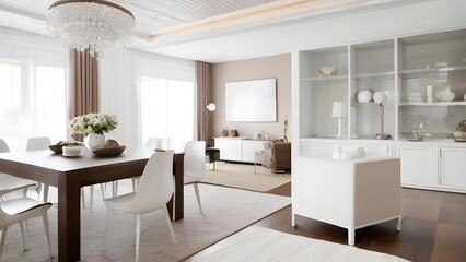 Elegant Modern Dining Room Interior with White Furniture and Chic Decor.