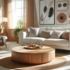 Scandinavian home interior design of modern living room With Round wood coffee table.