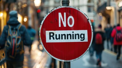 A "No Running" sign in a crowded or slippery area. 