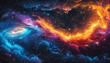 Illustrate a celestial landscape from a birds-eye view using digital pixel art techniques Show a galaxy swirling with colorful nebulae and ethereal light