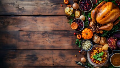 thanksgiving dinner items on a wooden background, empty space for text - Powered by Adobe