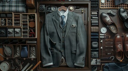 knoiling of suit 、Scissors、iron、ruler、shoes、socks、shirt、button ,neatly arranged,complete parts,real engine