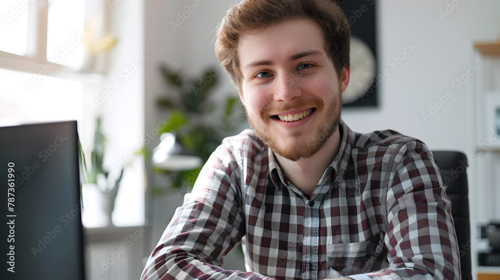 Poster Portrait of male software developer smiling at camera while sitting at workplace in office copy space : Generative AI