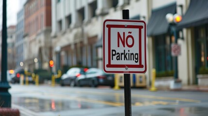 A "No Parking" sign in front of a designated parking area. 