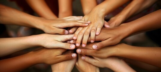 Fototapeta premium Diverse people joining hands teamwork, empathy, partnership, and social connection in business