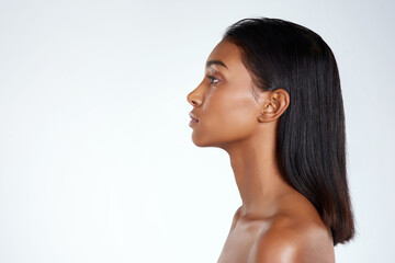 Profile, beauty and mockup for Indian woman, studio and cosmetic or makeup. Cosmetology, face and...