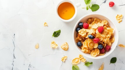 Delicious american breakfast  cornflakes, berries, honey on white background with copy space