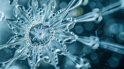 A stunning image of a microscopic diatom its intricate silica shell resembling a delicate snowflake. These tiny algae play a vital