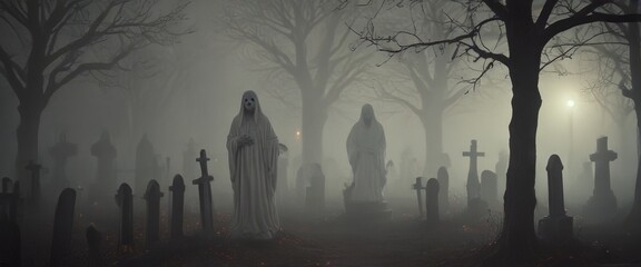 Two ghost in a cemetery with spooky eyes - obrazy, fototapety, plakaty