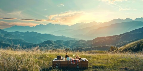 Naklejka premium An outdoor scene of a picnic setup by the roadside, overlooking panoramic mountain landscapes.