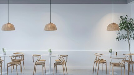 interior of a dining room or restaurant. Interior with white walls and gray concrete floor. On one...