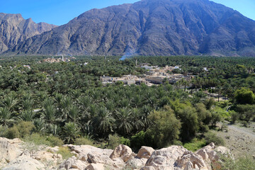 Nakhal oasis Al Hajar Hadschar mountains landscape with palm trees, Oman