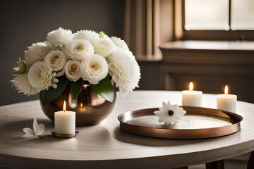Fototapeta na wymiar Bouquet of white flowers in a vase, candles on vintage copper tray, wedding home decor on a table